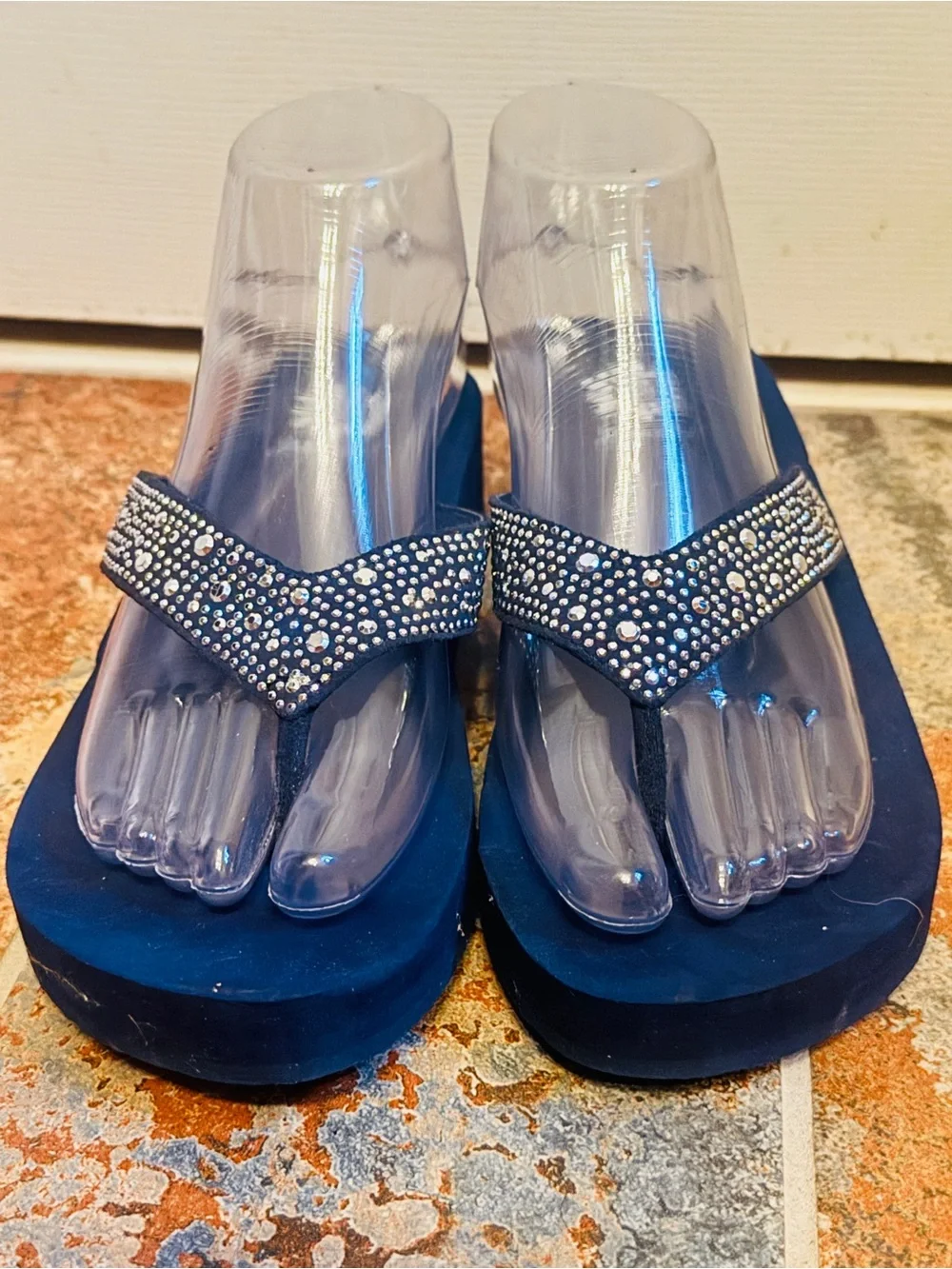 Like New Yellow Box Navy Blue Wedge Rhinestone Sandals! - Picture 7 of 15